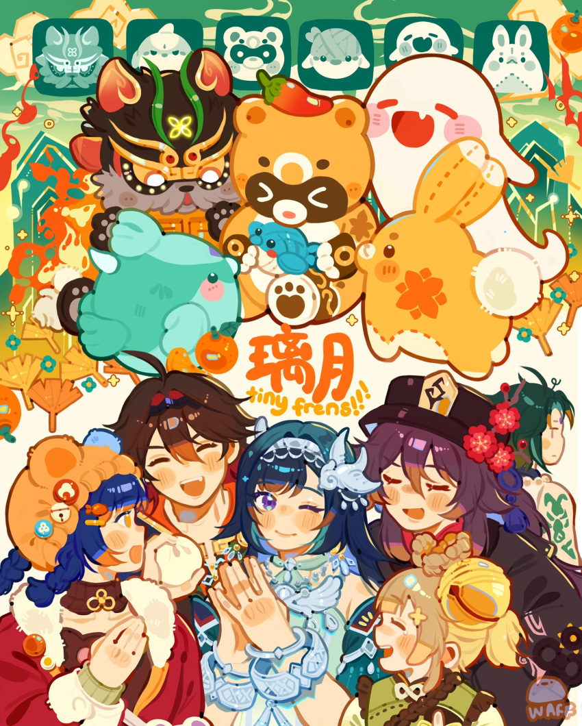 0waff537, 2boys, 4girls, ahoge, animal, arm_tattoo, black_shirt, blue_hair, boo_tao_(genshin_impact), bracelet, braid, brown_dress, brown_hair, brown_hat, buttons, closed_eyes, commentary, dress, english_commentary, fire, fur-trimmed_jacket, fur_trim, gaming_(genshin_impact), genshin_impact, ghost, ginkgo_leaf, green_dress, green_hair, guoba_(genshin_impact), hairband, hat, highres, hu_tao_(genshin_impact), jacket, jewelry, lan_yan_(genshin_impact), leaf, looking_at_another, looking_back, man_chai_(genshin_impact), multiple_boys, multiple_girls, one_eye_closed, open_mouth, porkpie_hat, red_jacket, shirt, smile, steepled_fingers, swallow-wisp_(genshin_impact), tattoo, upper_body, violet_eyes, watermark, xiangling_(genshin_impact), xiangling_(new_year's_cheer)_(genshin_impact), xiao_(bird)_(genshin_impact), xiao_(genshin_impact), yaoyao_(genshin_impact), yuegui_(genshin_impact), |_|