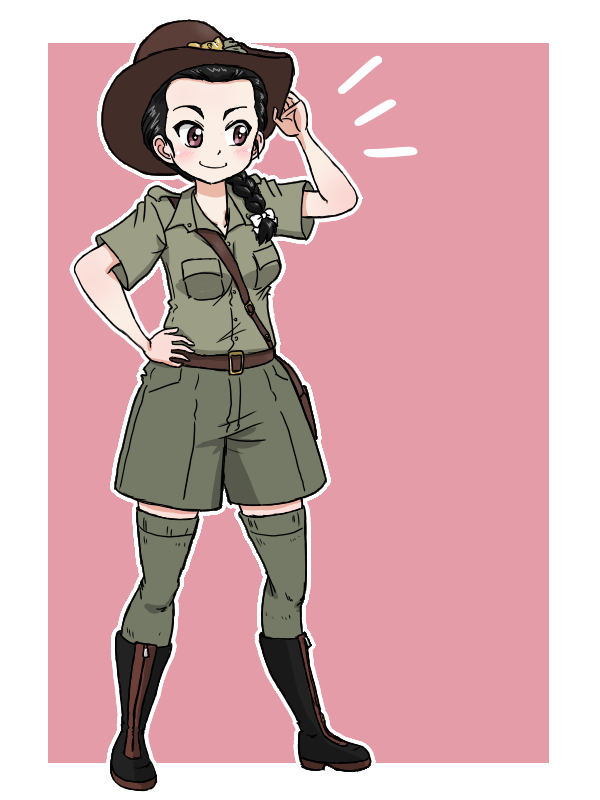 1girl, adjusting_clothes, adjusting_headwear, arm_up, black_hair, boots, braid, brown_eyes, brown_footwear, brown_hat, bush_hat, girls_und_panzer, grey_shirt, grey_shorts, grey_socks, grey_thighhighs, hair_ribbon, hat, koala_forest_military_uniform, ribbon, shirt, short_sleeves, shorts, socks, takahashi_kurage, tamada_tamaki, thigh-highs, white_ribbon, zipper_footwear