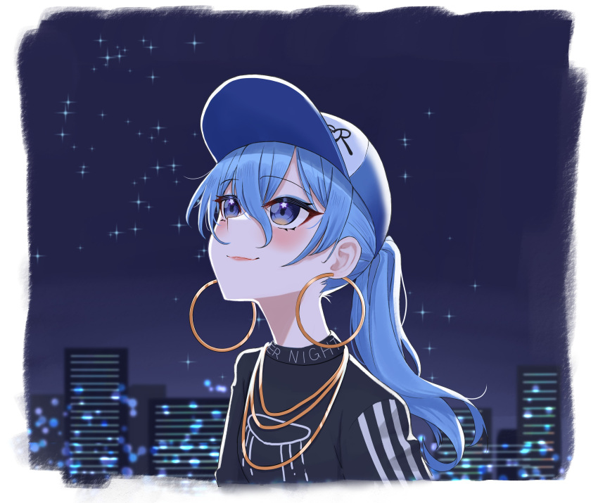 1girl, absurdres, awake_(hoshimachi_suisei), baseball_cap, black_shirt, blue_eyes, blue_hair, chain, chrispy_tuna, closed_mouth, earrings, gold_chain, gold_necklace, hat, highres, hololive, hoop_earrings, hoshimachi_suisei, jewelry, necklace, night, night_sky, ponytail, shirt, sky, solo, star_(sky), starry_sky, upper_body, virtual_youtuber