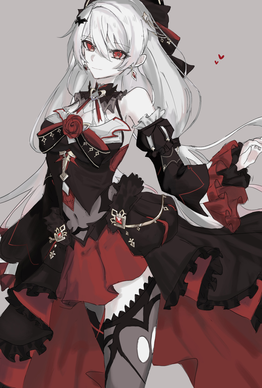1girl, absurdres, bare_shoulders, black_bow, black_dress, black_overskirt, bow, commentary, covered_navel, detached_sleeves, dress, earrings, feet_out_of_frame, flower, frilled_dress, frills, hair_between_eyes, hair_bow, hair_ornament, hand_up, heart, highres, honkai_(series), honkai_impact_3rd, jewelry, long_hair, looking_at_viewer, low_twintails, red_eyes, red_flower, red_rose, rose, see-through_clothes, smile, solo, theresa_apocalypse, theresa_apocalypse_(luna_kindred), theresa_apocalypse_(lunar_vow:_crimson_love), twintails, une_xx, white_hair