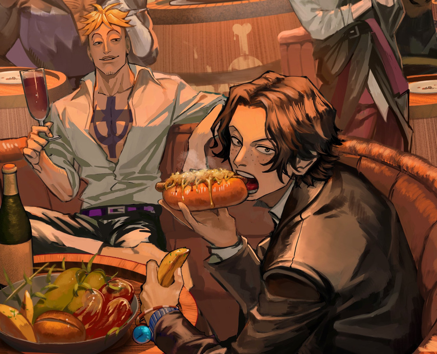 4boys, anchor_tattoo, black_hair, black_jacket, blonde_hair, bottle, chest_tattoo, commentary