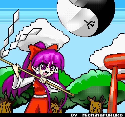 1girl, artist_name, bow, clouds, day, dithering, gohei, hair_bow