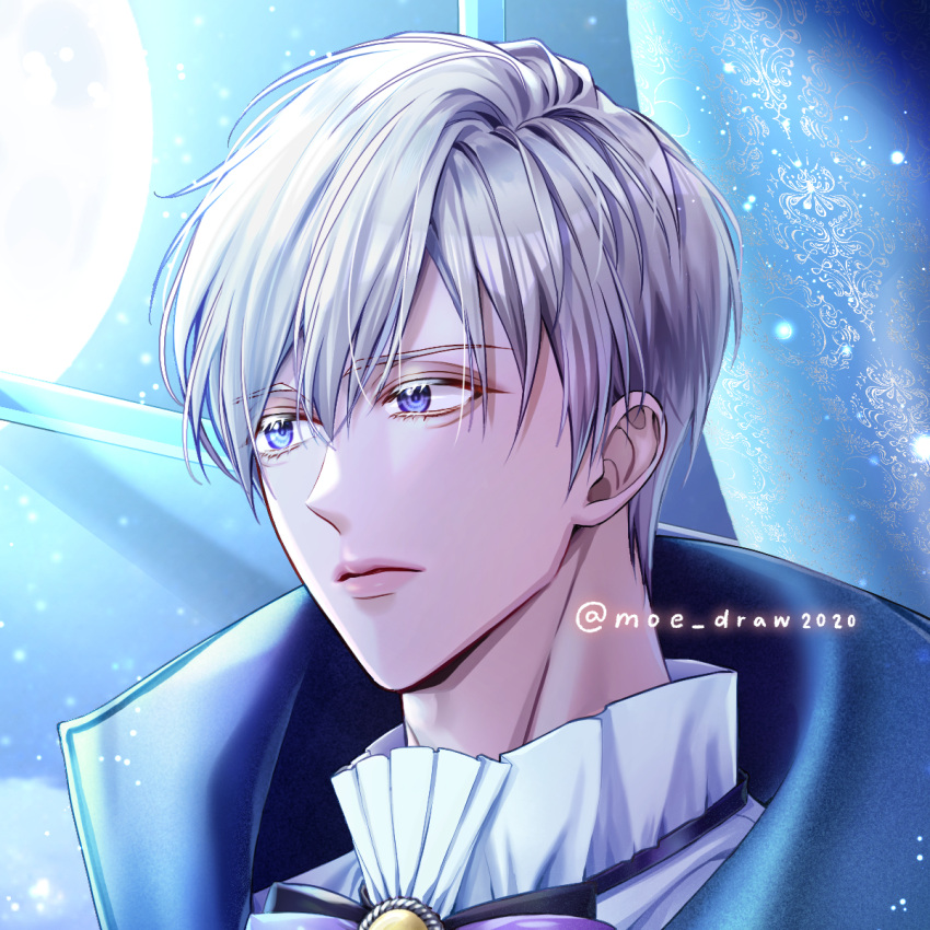 1boy, bishounen, blue_eyes, curtains, highres, looking_at_viewer, male_focus, moe_draw2020