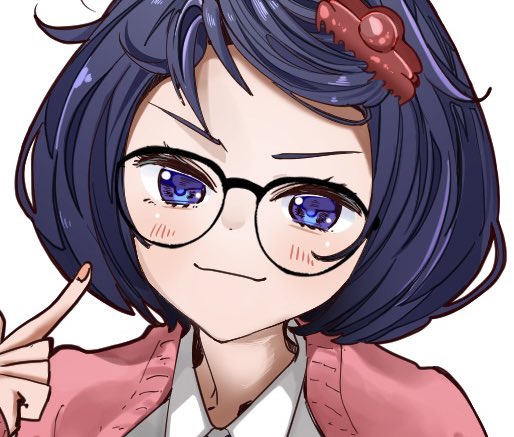 1girl, black-framed_eyewear, blue_eyes, blue_hair, breasts, cardigan, claw_hair_clip, close-up