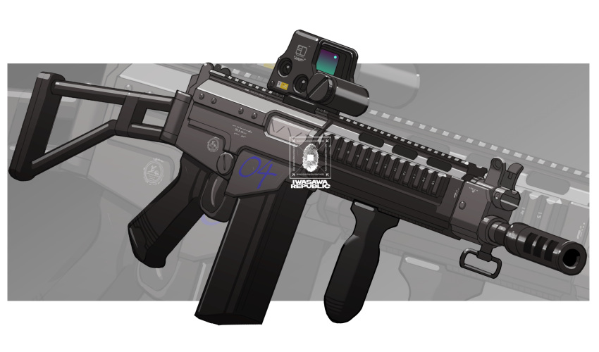 absurdres, artist_name, battle_rifle, border, dsa_sa58_osw, eotech, gun, highres