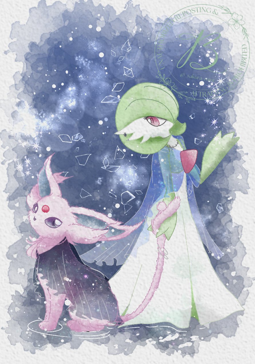 baya_(sakura_mint), bob_cut, colored_skin, dress, espeon, forehead_jewel, gardevoir, green_hair, green_skin, highres, multicolored_skin, pink_eyes, pokemon, pokemon_(creature), purple_fur, see-through_clothes, two-tone_skin, watermark, white_dress, white_skin
