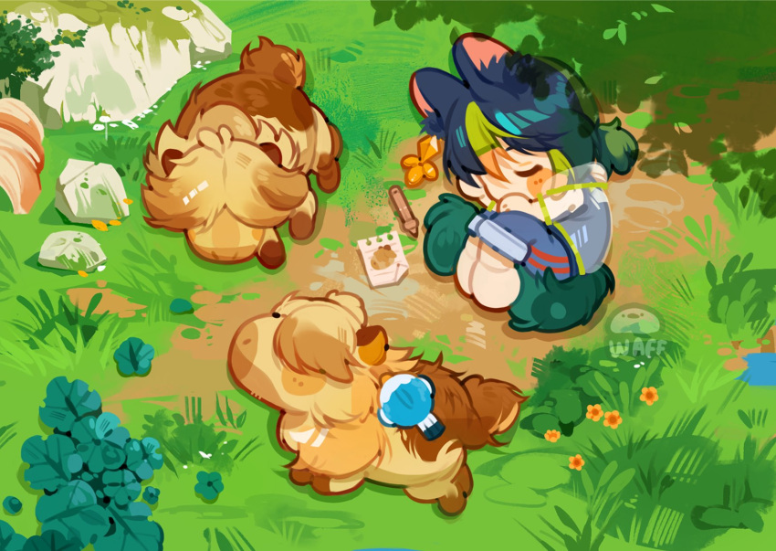 0waff537, 1boy, animal_ears, barefoot, bird, capybara_(genshin_impact), chibi, closed_eyes