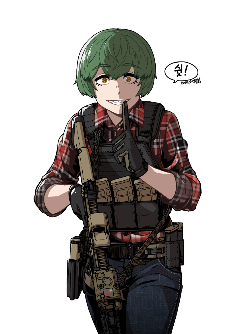 1girl, absurdres, ammunition_pouch, assault_rifle, bangdog, belt, black_gloves, bulletproof_vest