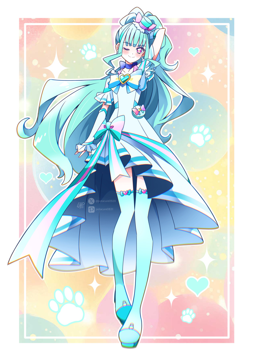 1girl, absurdres, aqua_footwear, aqua_hair, aqua_hairband, aqua_hat, aqua_thighhighs, arm_up
