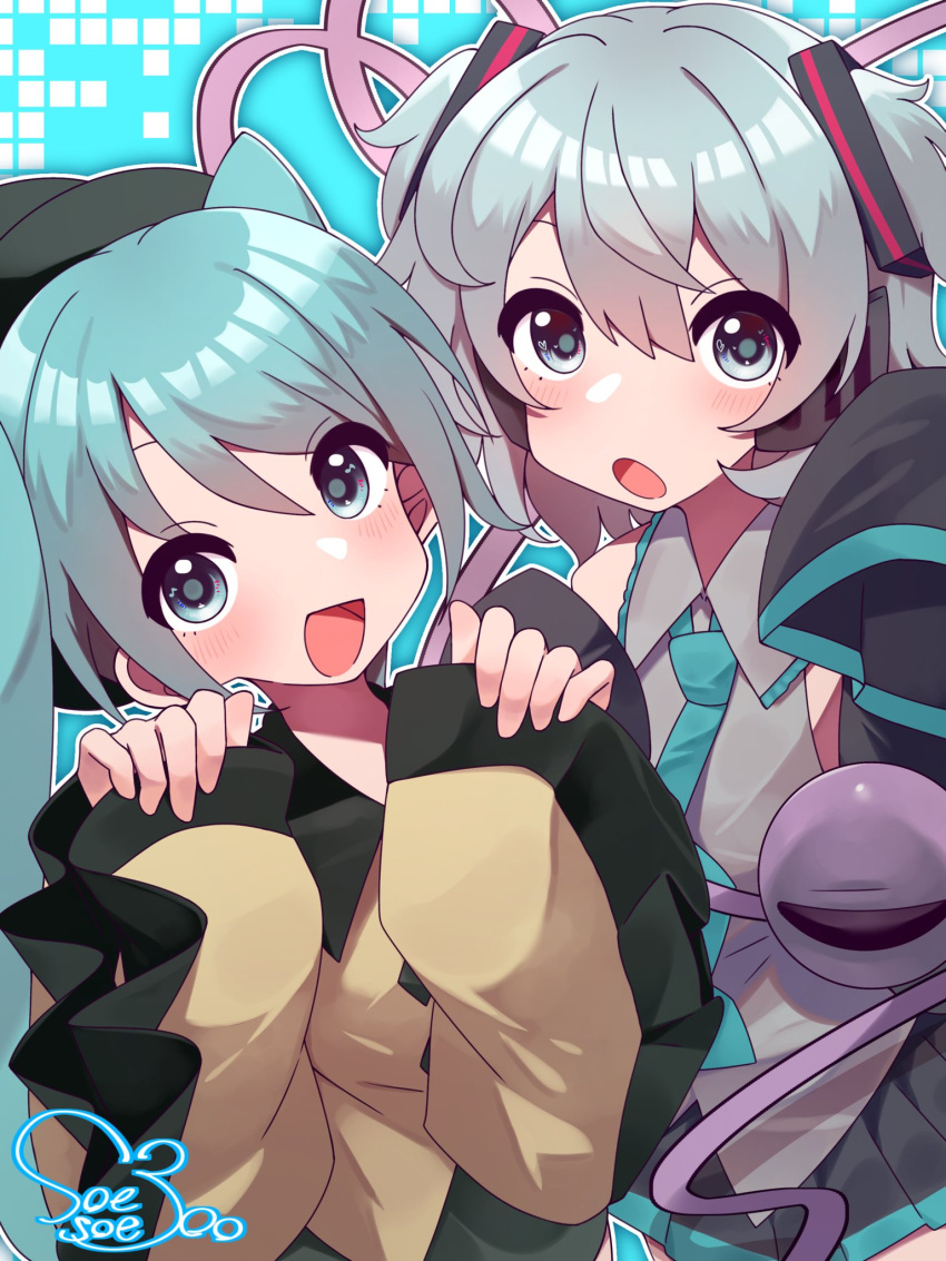 2girls, :d, :o, animal_ears, aqua_hair, aqua_necktie, artist_name, blush, collared_shirt, commentary, cosplay, costume_switch, eighth_note, grey_eyes, grey_hair, grey_shirt, hair_between_eyes, hands_up, hatsune_miku, hatsune_miku_(cosplay), heart, heart_in_eye, highres, kemonomimi_mode, komeiji_koishi, komeiji_koishi_(cosplay), looking_at_viewer, multiple_girls, musical_note, musical_note_in_eye, necktie, open_mouth, outline, shirt, signature, sleeves_past_wrists, smile, soesoe300, symbol_in_eye, third_eye, touhou, vocaloid, white_outline, yellow_shirt