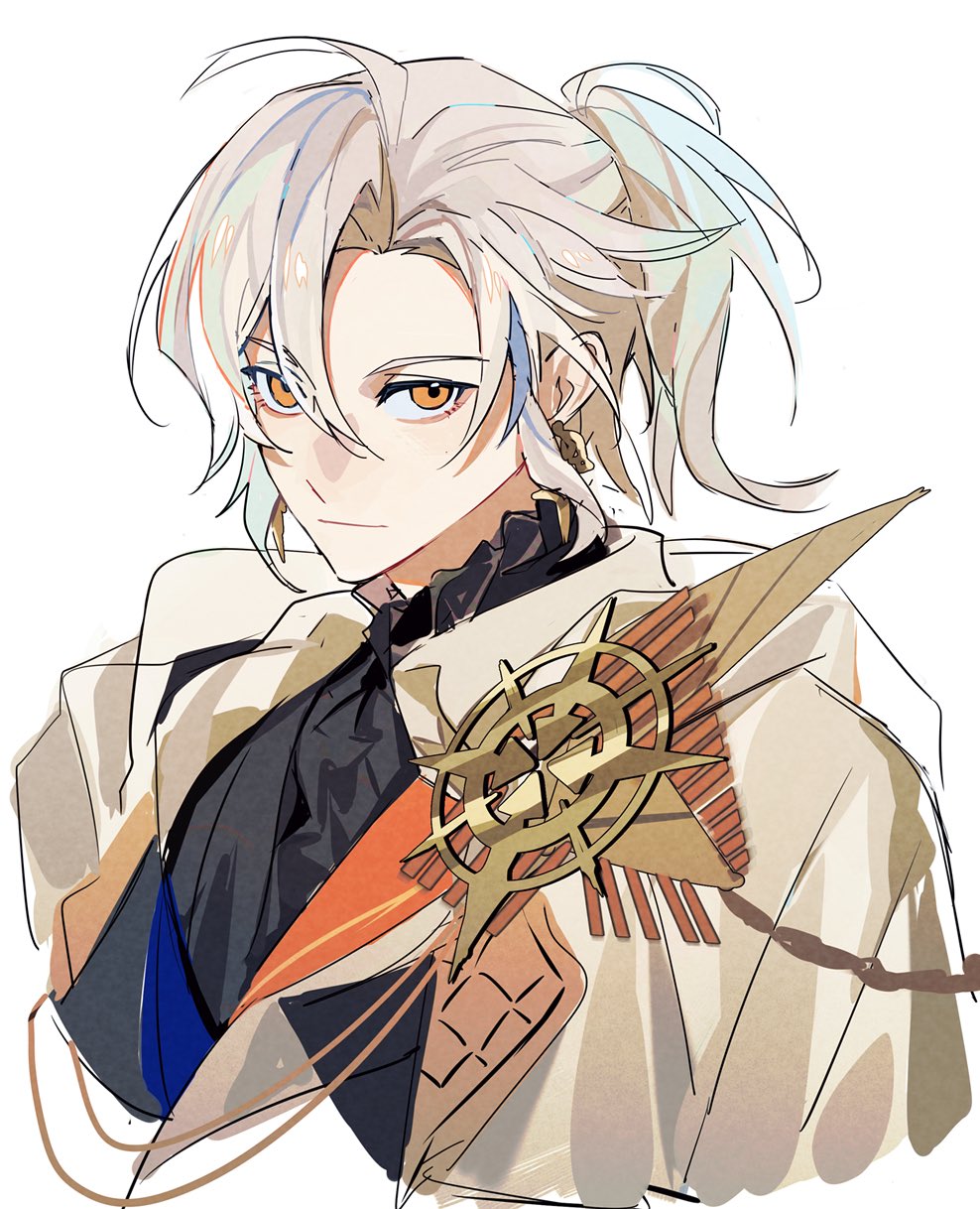 1boy, alchemy_stars, asymmetrical_bangs, black_shirt, closed_mouth, coat, cropped_torso, earrings
