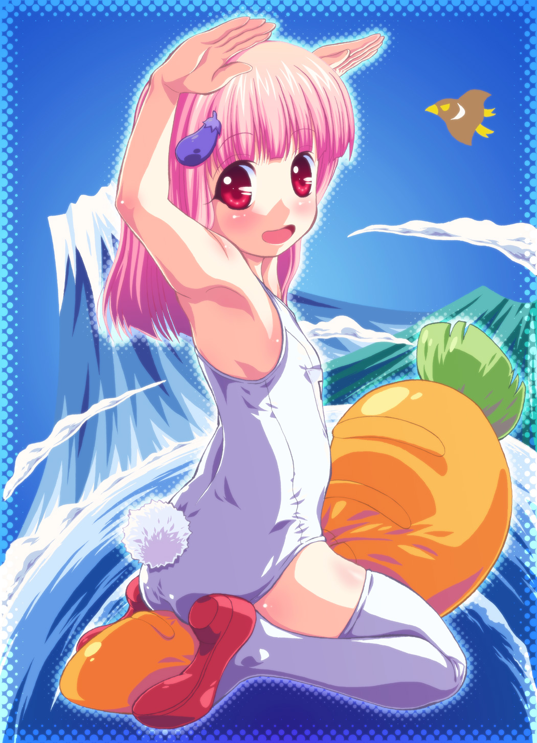 armpits, bird, bunny_tail, carrot, eggplant, emina, hair_ornament, hairclip