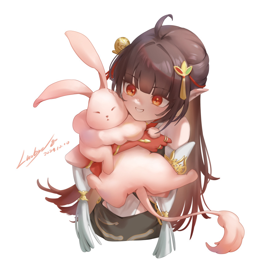 1girl, absurdres, aged_down, ahoge, animal_hug, brown_hair, colored_extremities, cropped_torso, dated, detached_sleeves, eyebrows_hidden_by_hair, flat_chest, fuyuan_(honkai:_star_rail), hair_between_eyes, hair_ornament, highres, honkai:_star_rail, honkai_(series), jewelry, lingsha_(honkai:_star_rail), long_hair, looking_at_animal, luoboni_3571, open_mouth, orange_eyes, pointy_ears, rabbit, ring, signature, simple_background, smile, solo, very_long_hair, white_background