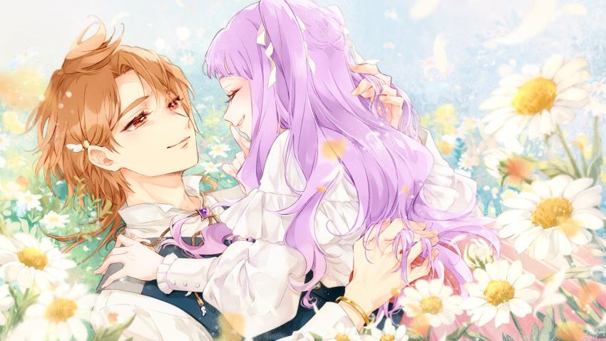 1boy, 1girl, aged_up, arm_around_neck, black_vest, blurry, blurry_foreground, bolo_tie, bracelet, closed_eyes, commentary_request, daisy, day, depth_of_field, dress, dress_shirt, ellee-chan, feather_hair_ornament, feathers, field, finger_to_mouth, flower, flower_field, hair_ornament, hair_ribbon, half-closed_eyes, hand_on_another's_back, hetero, high_collar, highres, hirogaru_sky!_precure, jewelry, lanzhu, long_hair, long_sleeves, looking_at_another, lying, on_back, on_person, orange_hair, outdoors, precure, purple_hair, red_eyes, ribbon, shirt, short_hair, smile, vest, white_dress, white_ribbon, white_shirt, yuunagi_tsubasa