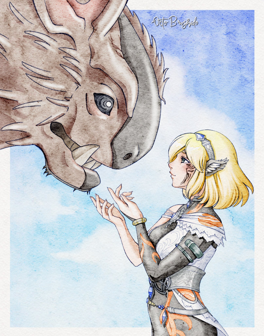 1girl, arms_up, artist_name, blonde_hair, blue_sky, border, bright_pupils, celica_(xenoblade_x), character_request, closed_mouth, clouds, facial_tattoo, fang, fang_out, grey_eyes, highres, medium_hair, monster, octobrushido, outside_border, sky, smile, standing, tattoo, traditional_media, white_border, white_pupils, xenoblade_chronicles_(series), xenoblade_chronicles_x