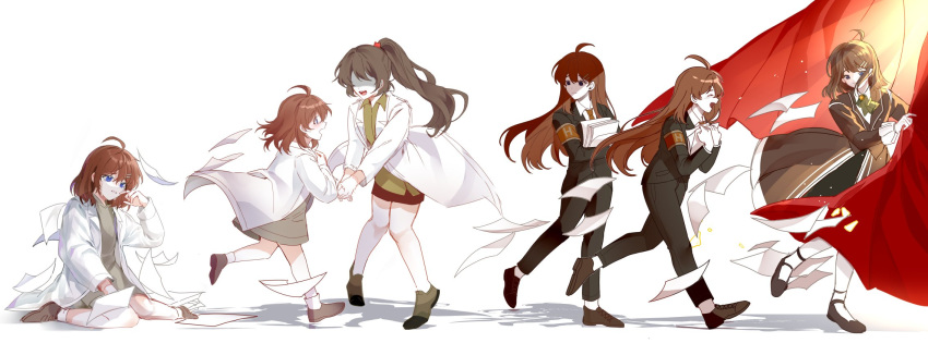 2girls, :d, ^_^, age_progression, ahoge, armband, black_footwear, black_jacket, black_pants, black_skirt, black_suit, blue_eyes, bow, bowtie, brown_armband, brown_coat, brown_footwear, brown_hair, brown_necktie, brown_skirt, business_suit, carmen_(project_moon), closed_eyes, closed_mouth, coat, collared_shirt, cross-laced_footwear, crying, crying_with_eyes_open, curtain_grab, curtains, dress, dress_shoes, empty_eyes, flying_paper, frilled_sleeves, frills, green_bow, green_bowtie, green_shirt, grey_dress, hair_ornament, hairclip, highres, hod_(project_moon), holding, holding_hands, holding_paper, jacket, knees_together_feet_apart, korean_commentary, lab_coat, library_of_ruina, light_particles, lobotomy_corporation, long_hair, long_sleeves, looking_at_another, looking_back, mary_janes, medium_hair, multiple_girls, multiple_views, mumu_yyh1026, necktie, open_clothes, open_coat, pant_suit, pants, pantyhose, paper, paper_stack, pencil_skirt, ponytail, profile, project_moon, running, shaded_face, shadow, shirt, shoes, simple_background, sitting, skirt, smile, standing, suit, suit_jacket, tears, walking, wariza, white_background, white_pantyhose, white_shirt, wiping_tears