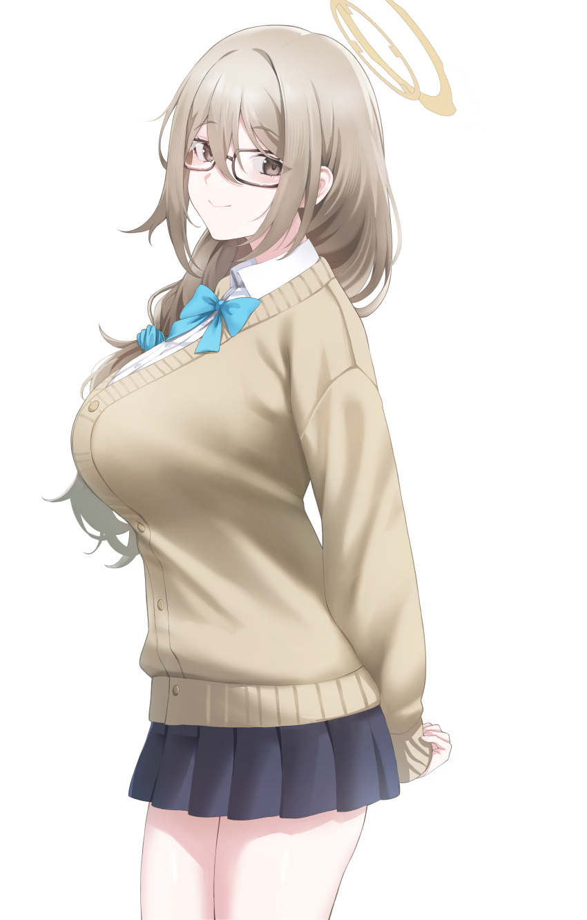 1girl, absurdres, akane_(blue_archive), akane_(school_uniform)_(blue_archive), arms_behind_back, blue_archive, blue_bow, blue_bowtie