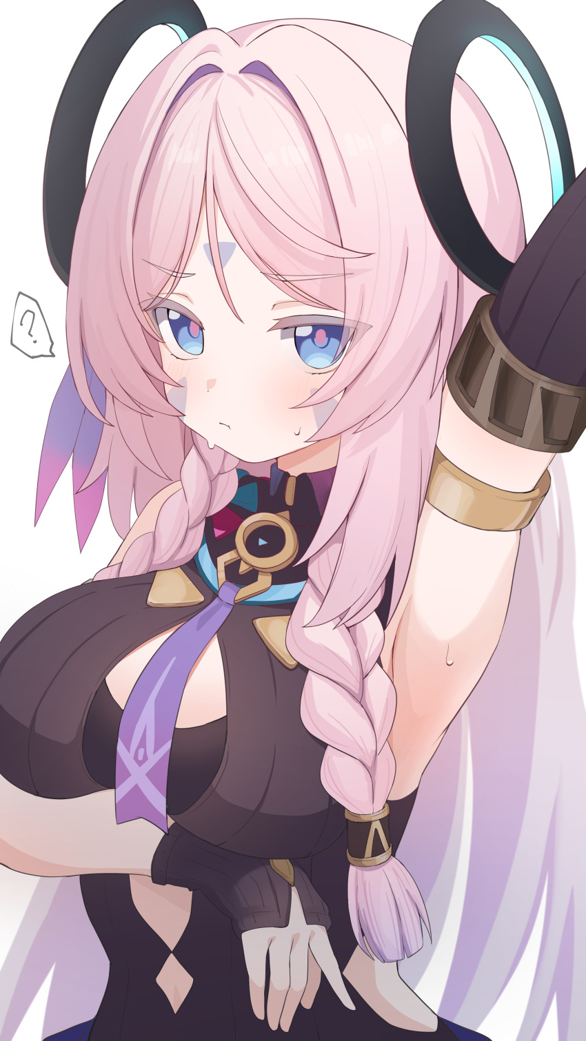 1girl, ?, absurdres, arm_up, armpits, black_dress, blue_eyes, blush, braid, breast_lift, breasts, citlali_(genshin_impact), cleavage_cutout, closed_mouth, clothing_cutout, curtained_hair, dress, elbow_gloves, eyelashes, facial_mark, fingerless_gloves, genshin_impact, gloves, highres, large_breasts, long_hair, looking_at_viewer, necktie, nicomi-chan, parted_bangs, pink_hair, pink_pupils, purple_necktie, sidelocks, simple_background, single_elbow_glove, solo, sweat, triangle, triangle_facial_mark, twin_braids, upper_body, very_long_hair, white_background