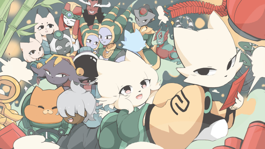 6+boys, 6+girls, :d, cat_boy, cat_girl, chien_(nine_sols), chinese_clothes, chinese_commentary