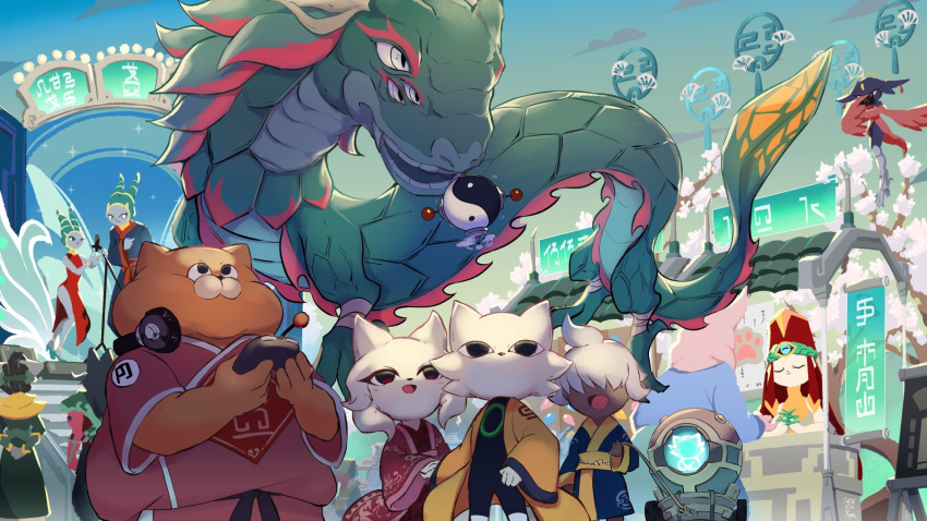 5girls, 6+boys, :d, abacus_(nine_sols), cat_boy, cat_girl, chinese_clothes, chinese_commentary