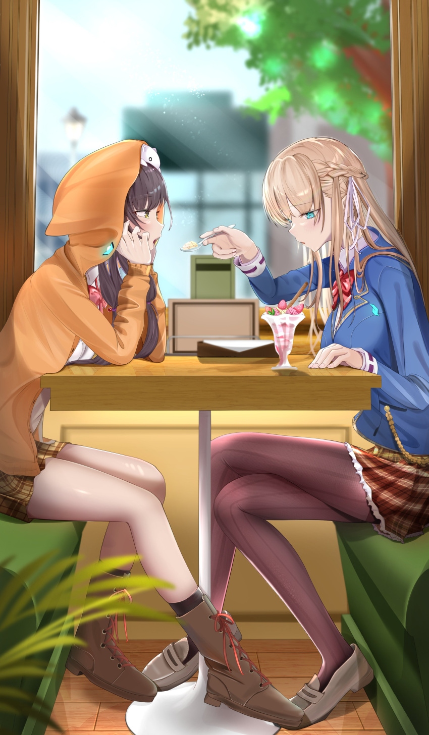 2girls, absurdres, animal_on_head, asakura_karen_(heaven_burns_red), black_hair, black_pantyhose, blonde_hair, blue_jacket