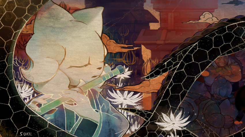 1girl, 3boys, birdsmybeloved, cat_girl, chinese_clothes, closed_eyes, clouds, commentary