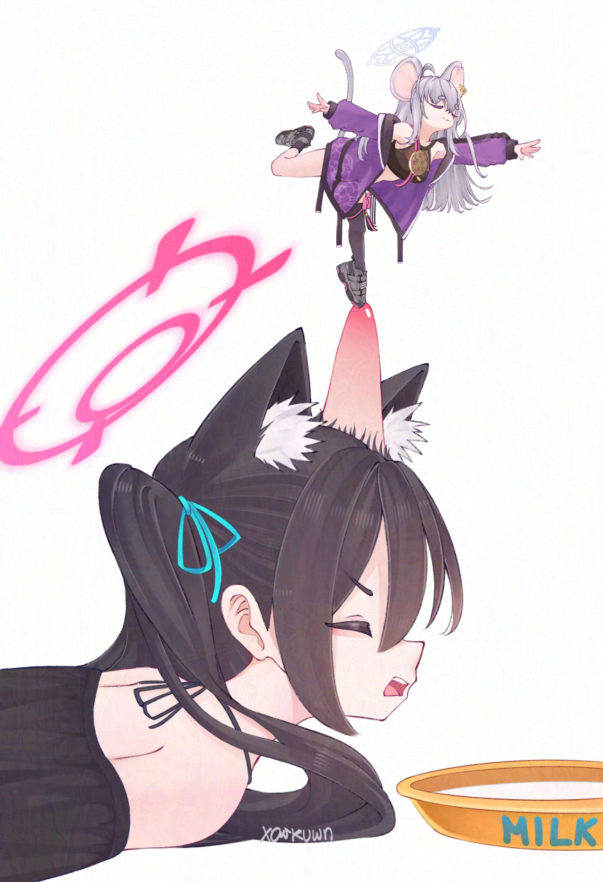 2girls, :3, absurdres, animal_ear_fluff, animal_ears, aqua_ribbon, arabesque_(pose), artist_name, asymmetrical_legwear, bag, bare_shoulders, bikini, black_bikini, black_footwear, blue_archive, bowl, breasts, cat_ears, cat_girl, closed_eyes, closed_mouth, crop_top, ear_tag, en_pointe, extra_ears, frilled_bikini, frills, grey_hair, grey_halo, hair_ribbon, halo, head_bump, highres, jacket, leg_lift, long_hair, lying, milk, mini_person, minigirl, mouse_ears, mouse_girl, mouse_tail, multiple_girls, off-shoulder_bikini, off_shoulder, official_alternate_costume, on_stomach, open_clothes, open_jacket, open_mouth, outstretched_arms, parody, pink_halo, plantar_flexion, purple_jacket, ribbon, saya_(blue_archive), saya_(casual)_(blue_archive), serika_(blue_archive), serika_(swimsuit)_(blue_archive), shoes, short_eyebrows, shoulder_bag, simple_background, single_thighhigh, small_breasts, smile, sneakers, standing, standing_on_one_leg, swimsuit, tail, thigh-highs, tom_and_jerry, twintails, white_background, xarkuwn