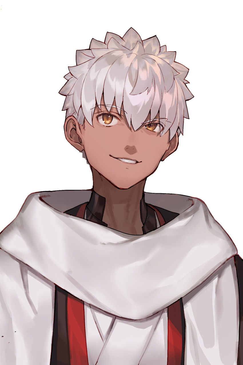 1boy, brown_eyes, chinese_text, dark-skinned_male, dark_skin, emiya_shirou, fate/grand_order, fate_(series)