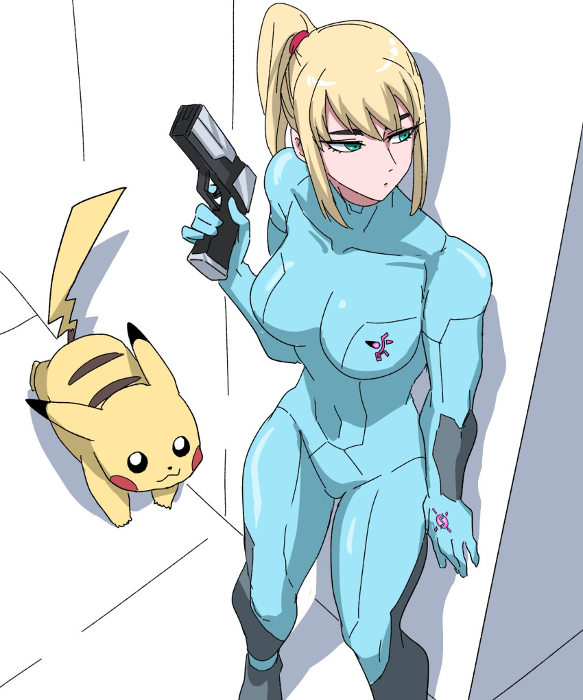 1boy, 1girl, blonde_hair, breasts, green_eyes, highres, holding, holding_weapon