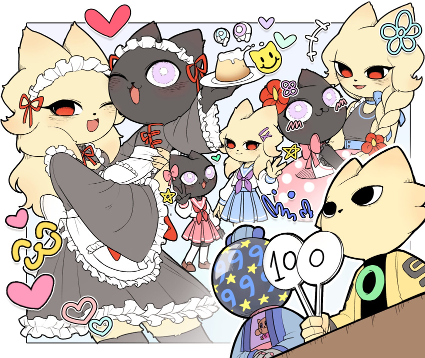 +++, 1boy, 1other, 2girls, :d, alternate_costume, apron, black_dress, blush, border, bright_pupils, cat_boy, cat_girl, chien_(nine_sols), commentary, dress, english_commentary, enmaided, food, furry, furry_female, furry_male, heart, heng_(nine_sols), highres, holding, holding_plate, holding_sign, maid, maid_apron, multiple_girls, multiple_views, nine_sols, one_eye_closed, open_mouth, outside_border, plate, pleated_skirt, pudding, red_eyes, sailor_collar, sailor_shirt, school_uniform, shanhai_9000_(nine_sols), shirt, sign, skirt, smile, violet_eyes, w, white_border, white_pupils, yi_(nine_sols), yyang_gg