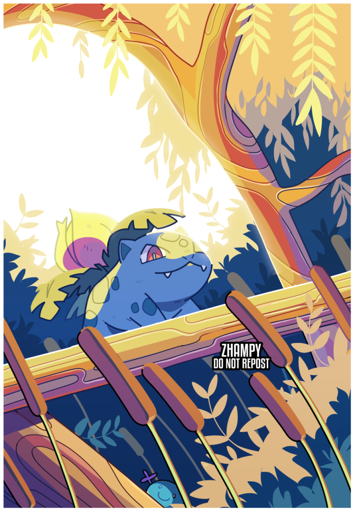 animal_focus, border, bright_pupils, cattail, closed_mouth, commentary, fangs, ivysaur