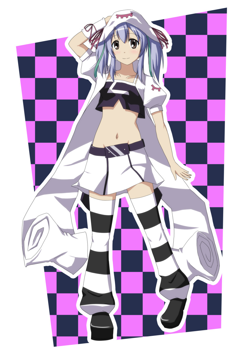 belt, blue_hair, brown_eyes, cosplay, hair_ribbon, hat, highres, hoshino_sora, merry_nightmare, merry_nightmare_(cosplay), midriff, navel, ribbon, skirt, smile, solo, striped, striped_legwear, striped_thighhighs, tachibana_isana, thigh-highs, thighhighs, twintails, yumekui_merry