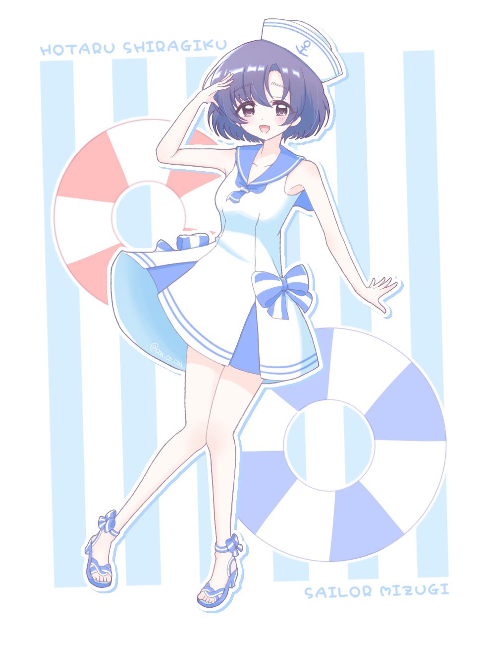 1girl, :d, ankle_ribbon, armpits, bare_shoulders, black_hair, blue_footwear, blue_neckerchief