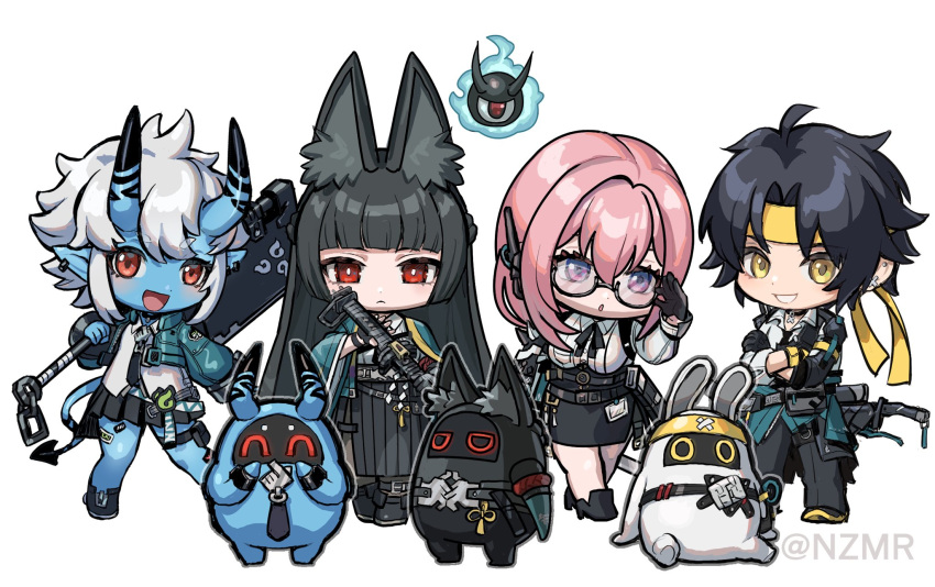 1boy, 3girls, animal_ear_fluff, animal_ears, asaba_harumasa, asaboo_(zenless_zone_zero), black_footwear, black_gloves
