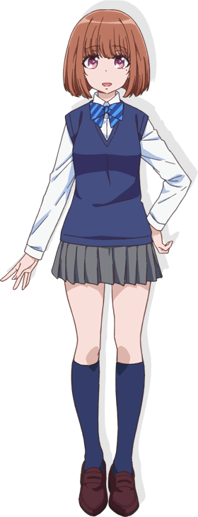 1girl, blue_bow, blue_bowtie, blue_socks, blue_sweater_vest, bob_cut, bow, bowtie, brown_footwear, brown_hair, collared_shirt, diagonal-striped_bow, diagonal-striped_bowtie, diagonal-striped_clothes, dot_nose, drop_shadow, full_body, grey_skirt, hand_on_own_hip, kneehighs, loafers, long_sleeves, looking_at_viewer, miniskirt, mole, mole_under_eye, official_art, open_mouth, oroka_na_tenshi_wa_akuma_to_odoru, pink_eyes, pleated_skirt, school_uniform, shirt, shoes, short_hair, skirt, socks, solo, standing, striped_clothes, sweater_vest, tachi-e, tanahashi_yuuka, transparent_background, v-neck, white_shirt