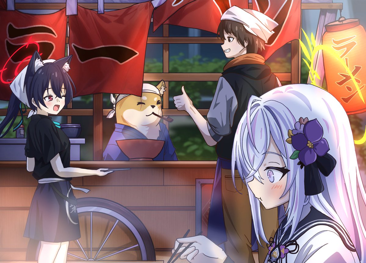 2boys, 2girls, azusa_(blue_archive), blue_archive, bowl, chopsticks, crossover, eating
