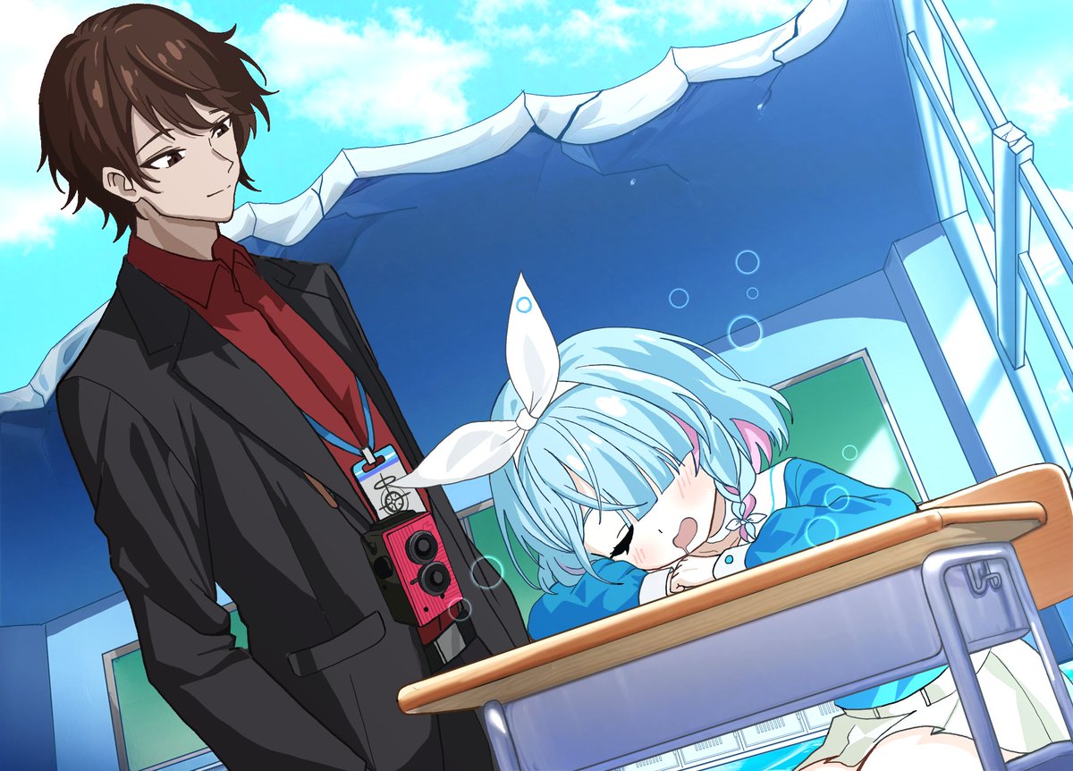1boy, 1girl, arona_(blue_archive), blue_archive, bow, camera, classroom, crossover