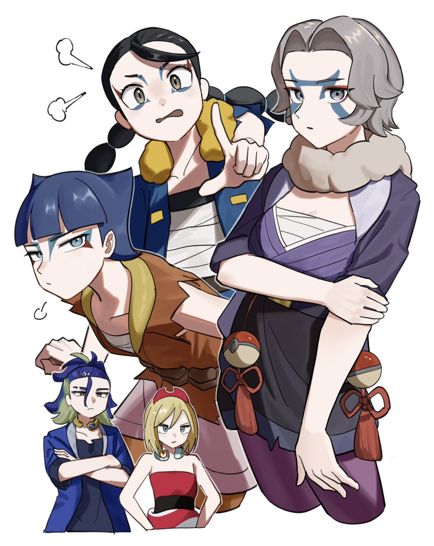 1boy, 4girls, adaman_(pokemon), black_hair, blue_coat, blue_hair, blunt_bangs, brown_eyes