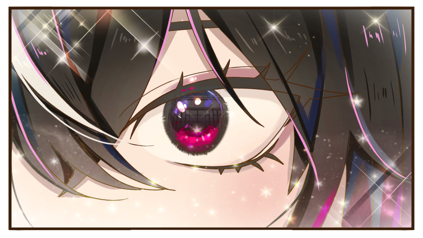 1girl, absurdres, aegis-link, black_border, black_hair, border, close-up, crossed_bangs