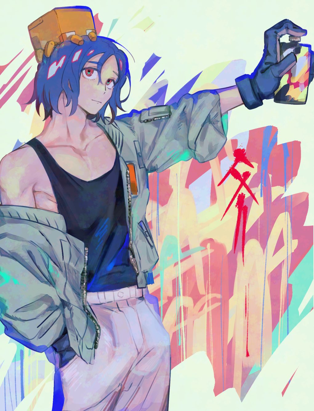 1boy, blue_hair, gloves, gundam, gundam_gquuuuuux, highres, holding, jacket
