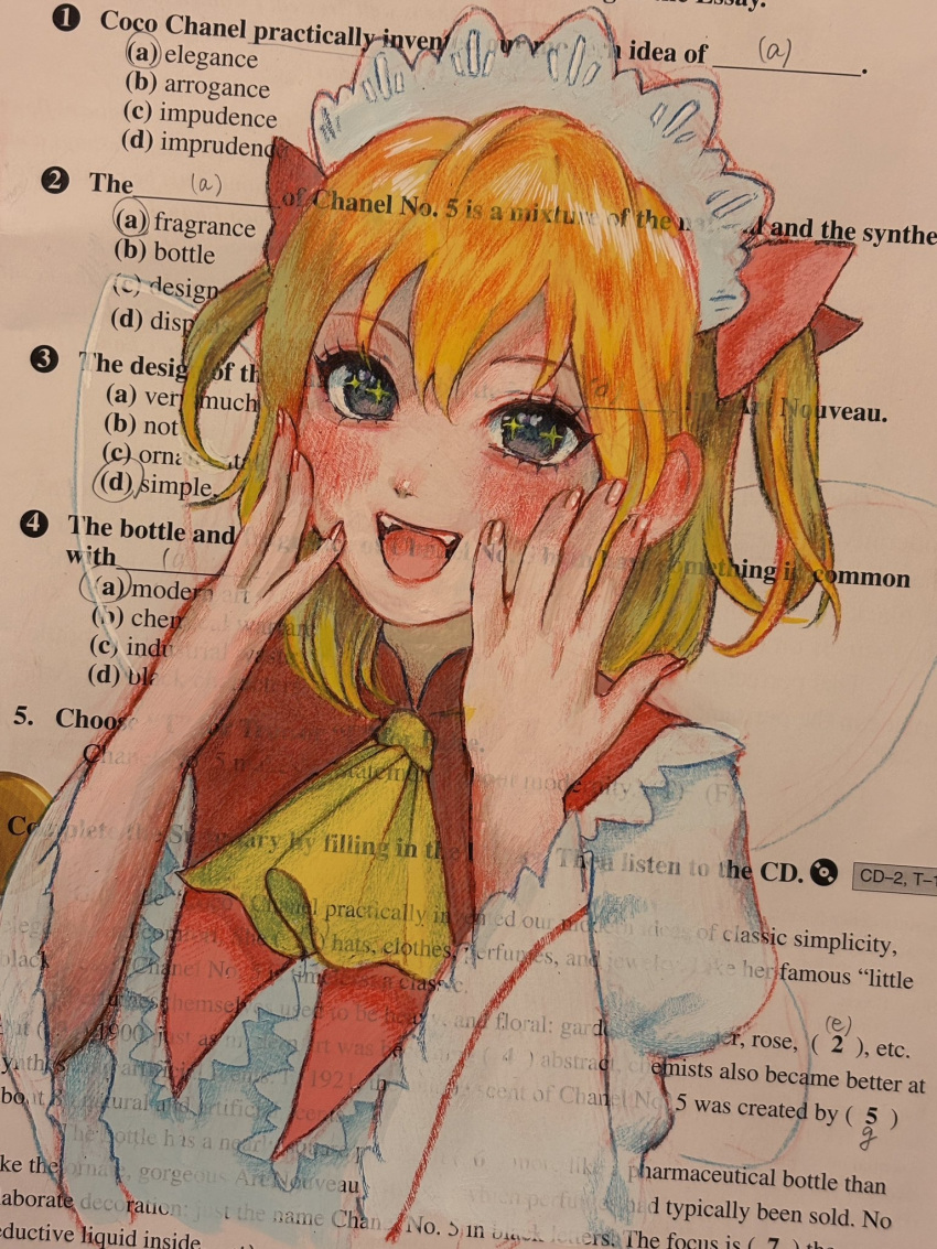1girl, :d, ascot, black_eyes, blush, bow, commentary_request, ear_blush