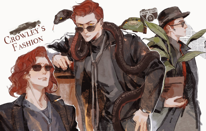 1boy, black_suit, crowley_(good_omens), demon_boy, glasses, good_omens, hat, highres