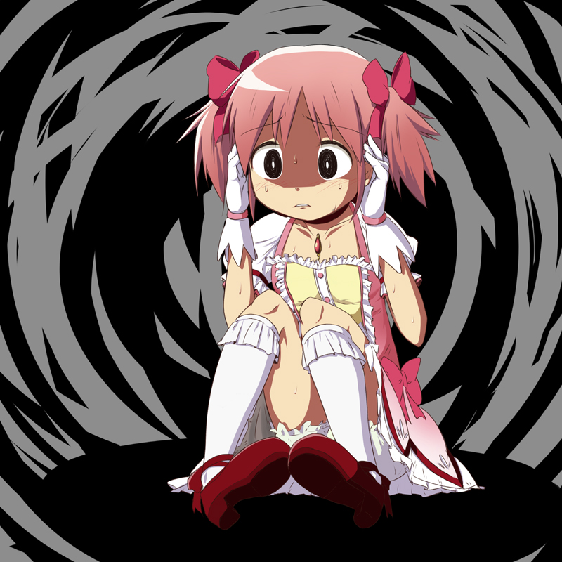ashida_ichirou, bow, gloves, hair_bow, hair_ribbon, ichirou_(hajimari), kaname_madoka, magical_girl, mahou_shoujo_madoka_magica, ribbon, scared, shoes, short_hair, short_twintails, sitting, solo, sweat, twintails