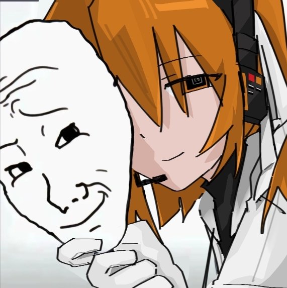 1girl, @_@, a.i._voice, adachi_rei, black_shirt, gloves, hailuo922, headset, holding, holding_mask, jacket, looking_at_viewer, mask, medium_hair, orange_eyes, orange_hair, shirt, solo, soyjak, white_gloves, white_jacket