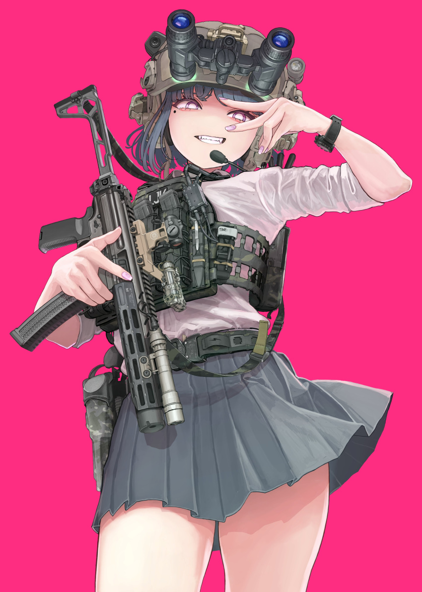 1girl, absurdres, belt, black_hair, bright_pupils, bulletproof_vest, combat_helmet, commentary_request