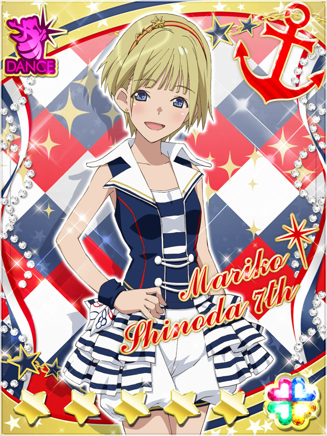 1girl, :d, akb0048, blue_eyes, card_(medium), character_name, collarbone, cowboy_shot