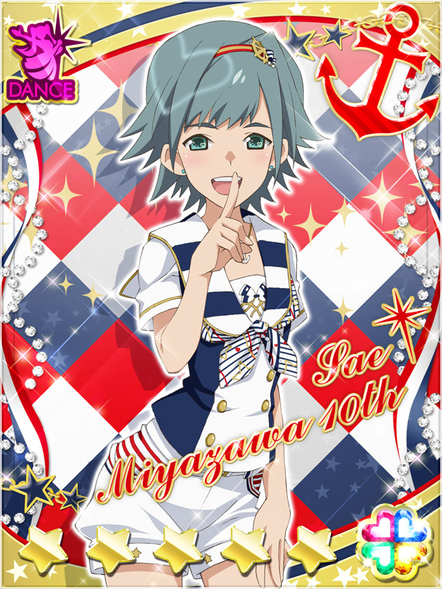 1girl, :d, akb0048, buttons, card_(medium), character_name, cowboy_shot, double-breasted