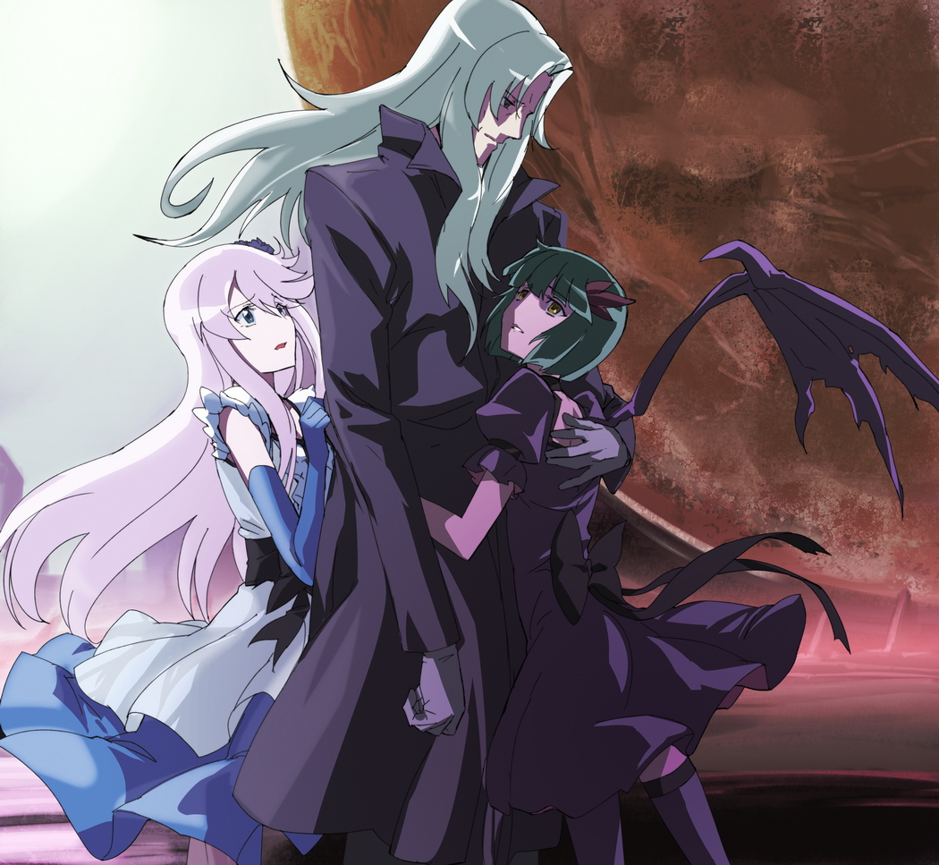 2girls, cure_moonlight, dark_precure, father_and_daughter, green_hair, heartcatch_precure!, lavender_hair, long_hair
