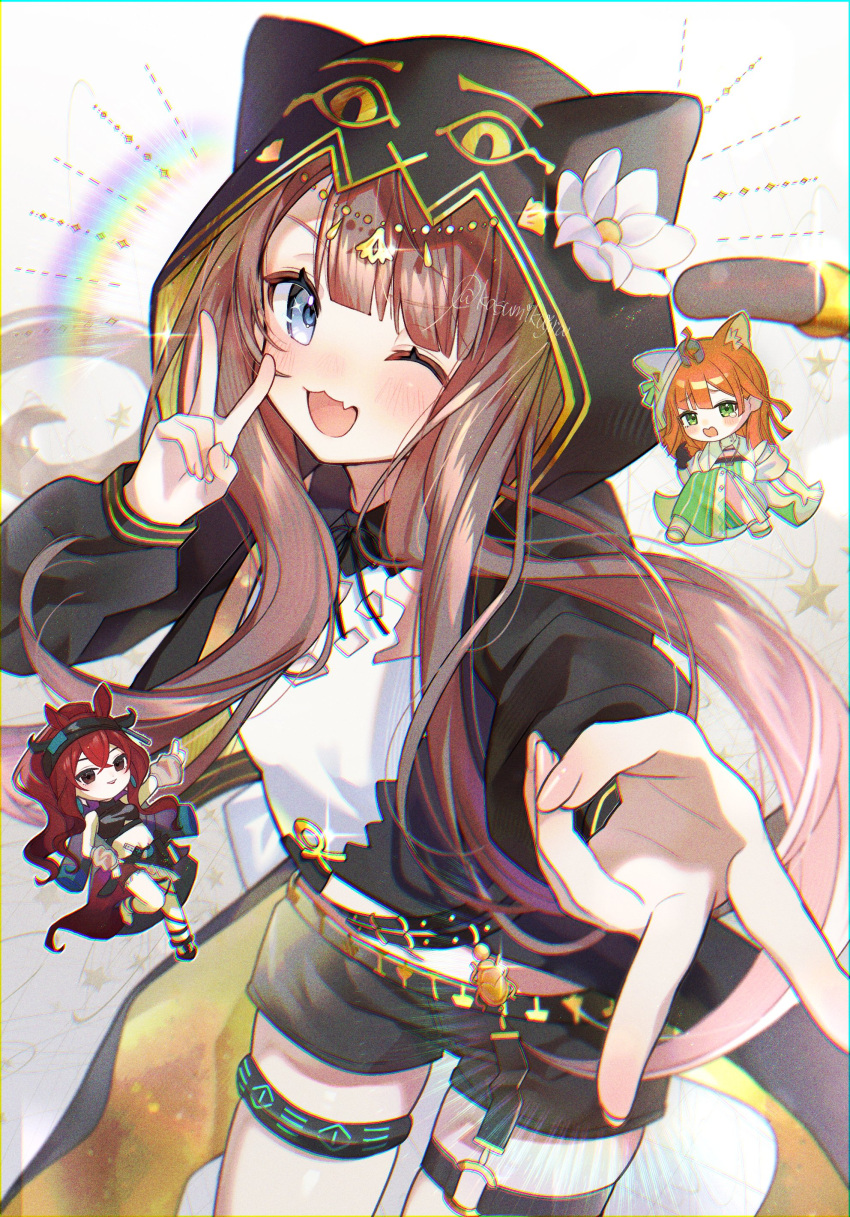 3girls, absurdres, ahoge, animal_ears, animal_hood, arknights, black_shorts, blue_eyes