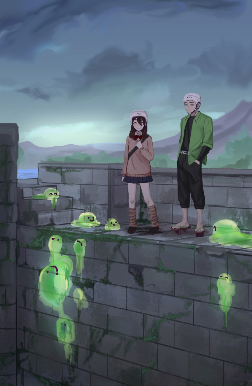 1boy, 1girl, ayase_momo, bow, bowtie, brown_hair, dandadan, gakuran